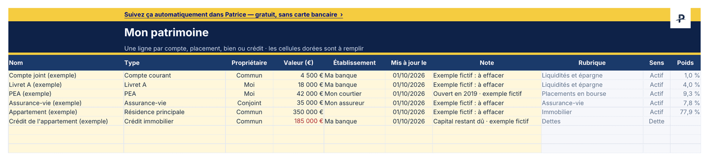 Modèle Excel de suivi de patrimoine, onglet Patrimoine : une ligne par compte, placement, bien immobilier ou crédit