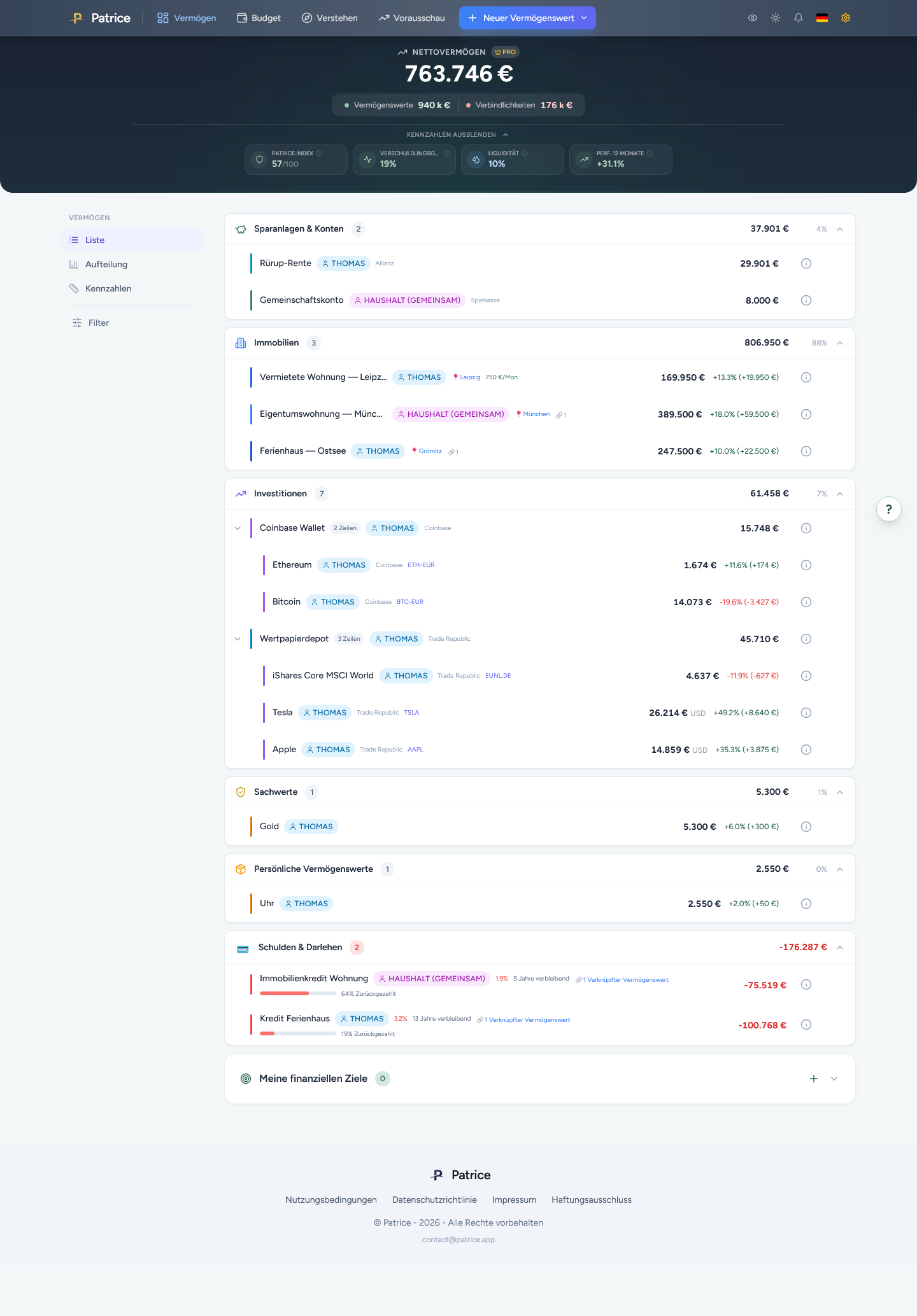 Screenshot — Vollständige Vermögensübersicht