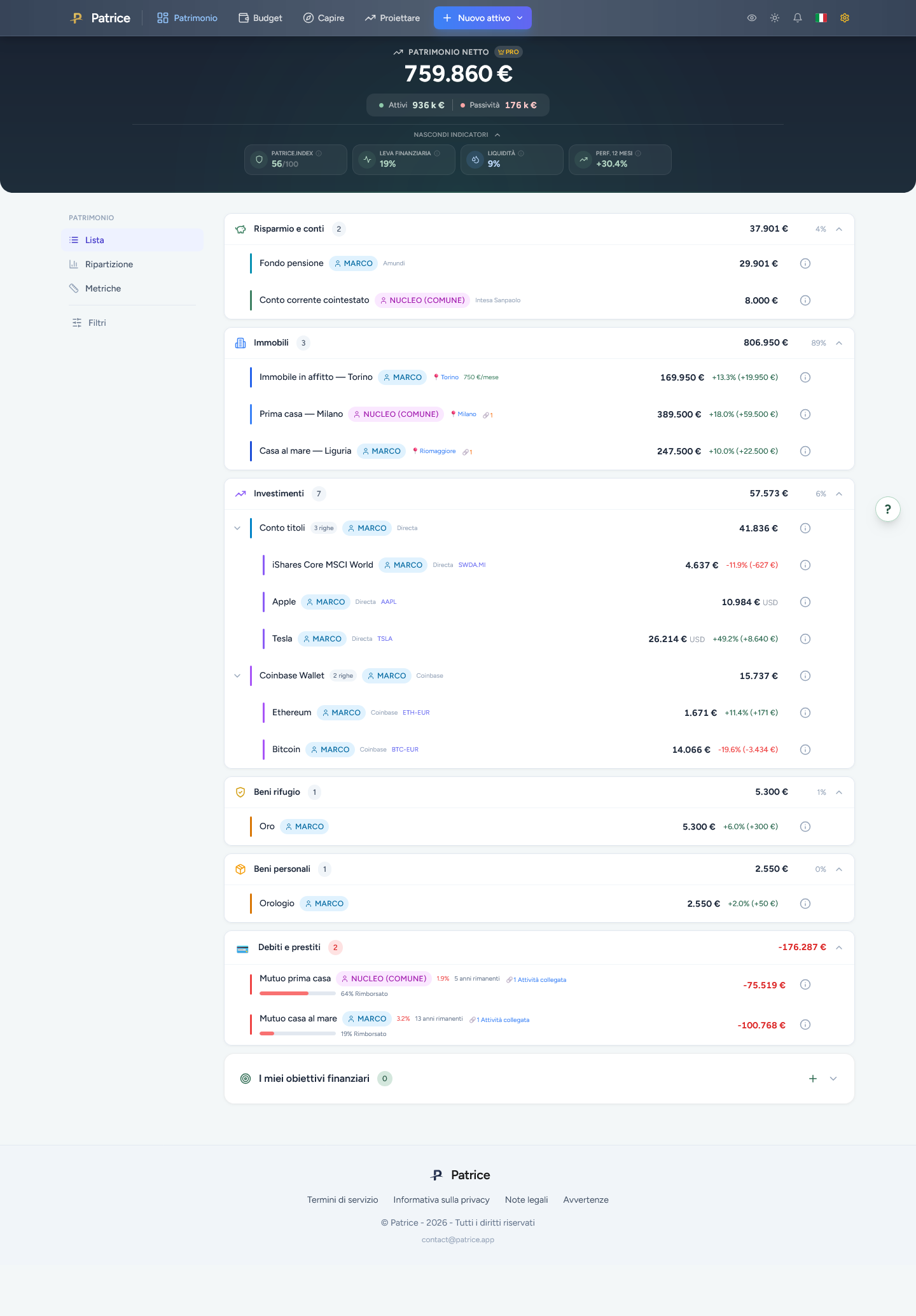Screenshot — Monitoraggio completo del patrimonio