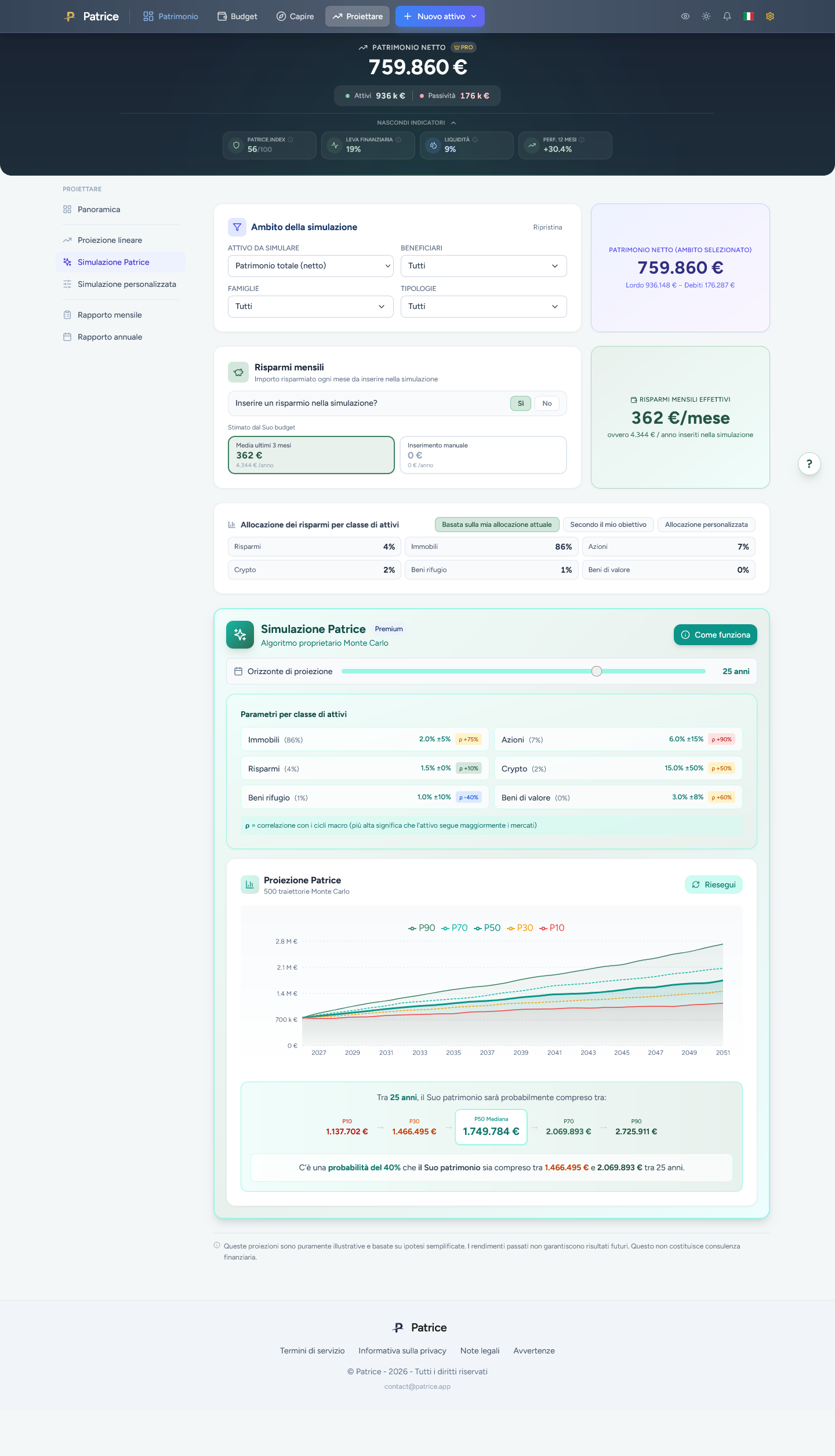 Screenshot — Simulazione patrimoniale